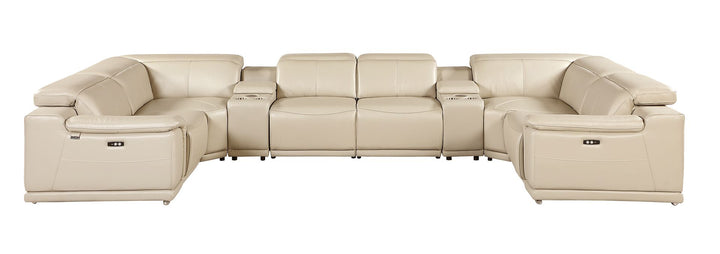 DivanItalia 9762 8-Piece U Shaped Top Grain Italian Leather Sectional Sofa with 4 Power Recliners – with Console - Beige