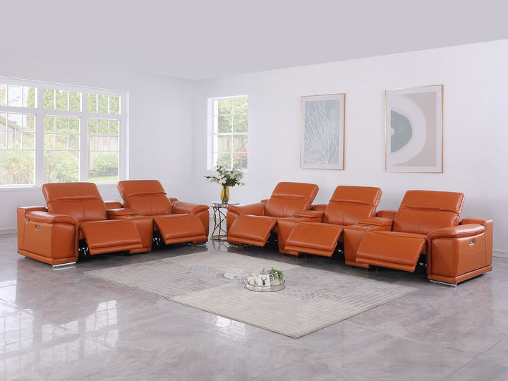 DivanItalia 9762 8-Piece Modular Power Reclining Sofa and Console Loveseat Set with Top Grain Italian Leather - Camel