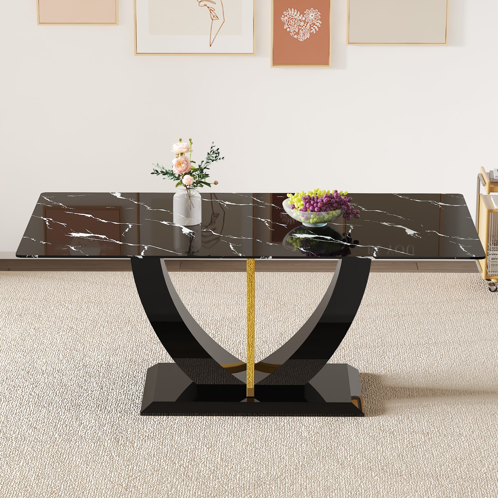 Modern Minimalist Luxurious Black Imitation Marble Dining Table Rectangular Office Desk with Tempered Glass