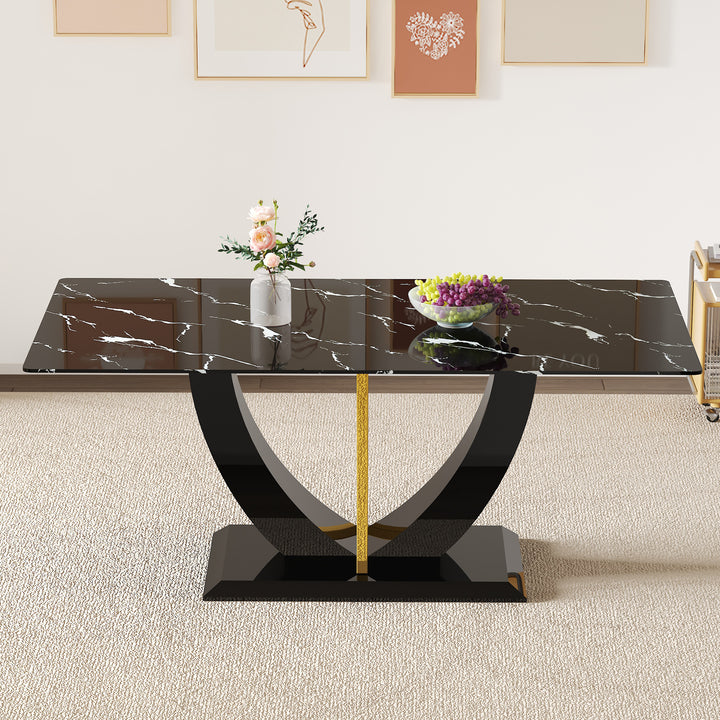Modern Minimalist Luxurious Black Imitation Marble Dining Table Rectangular Office Desk with Tempered Glass