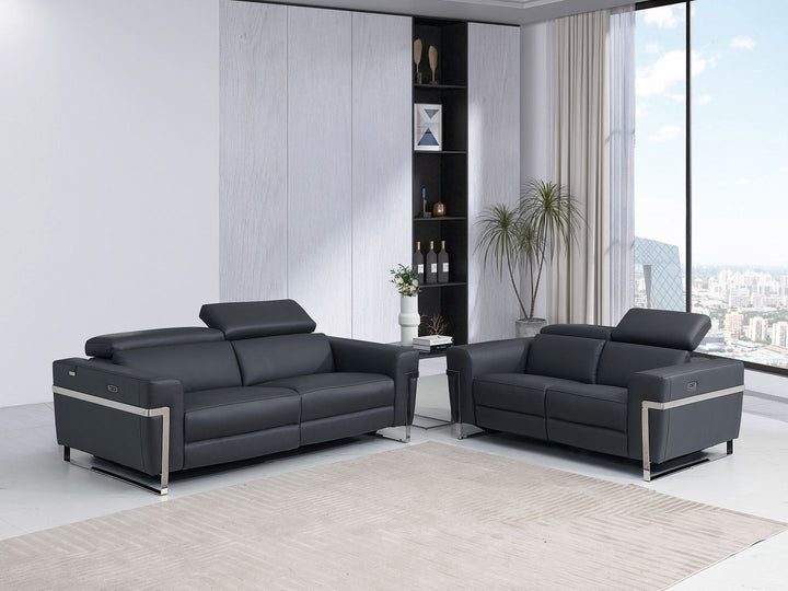 DivanItalia 990 Power Reclining 2-Piece Sofa Set with Power Headrest in Top-Grain Italian Leather - Dark Gray