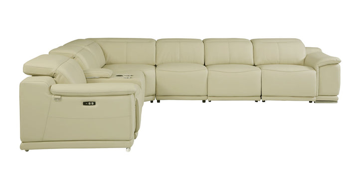 DivanItalia 9762 7-Piece L Shaped Top Grain Italian Leather Sectional Sofa with 3 Power Recliners - Beige