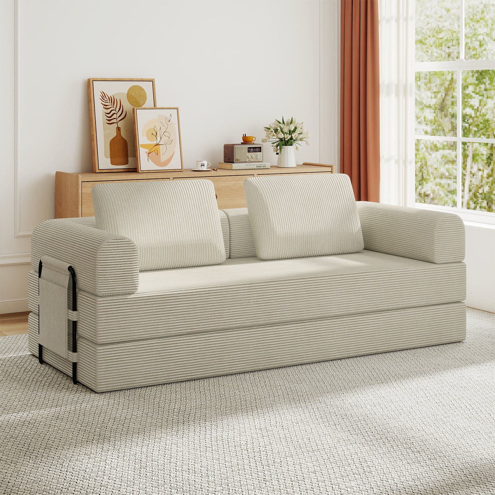 Corduroy Convertible Sleeper Sofa Bed with Pillow – Beige