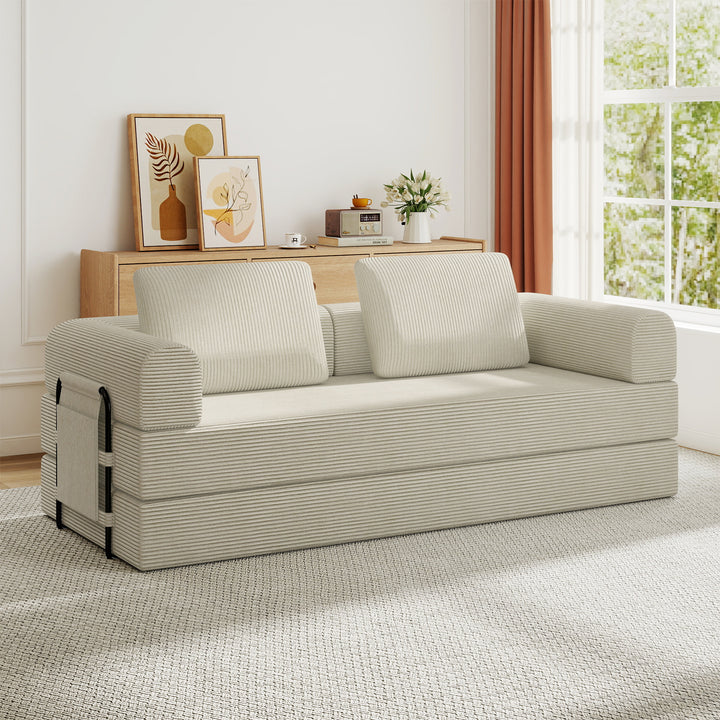 Corduroy Convertible Sleeper Sofa Bed with Pillow – Beige