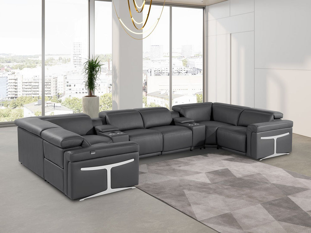 DivanItalia 1126 8-Piece U-Shaped Sectional Sofa in Top Grain Italian Leather with 2 Power Recliners & Power Headrests - Dark Gray