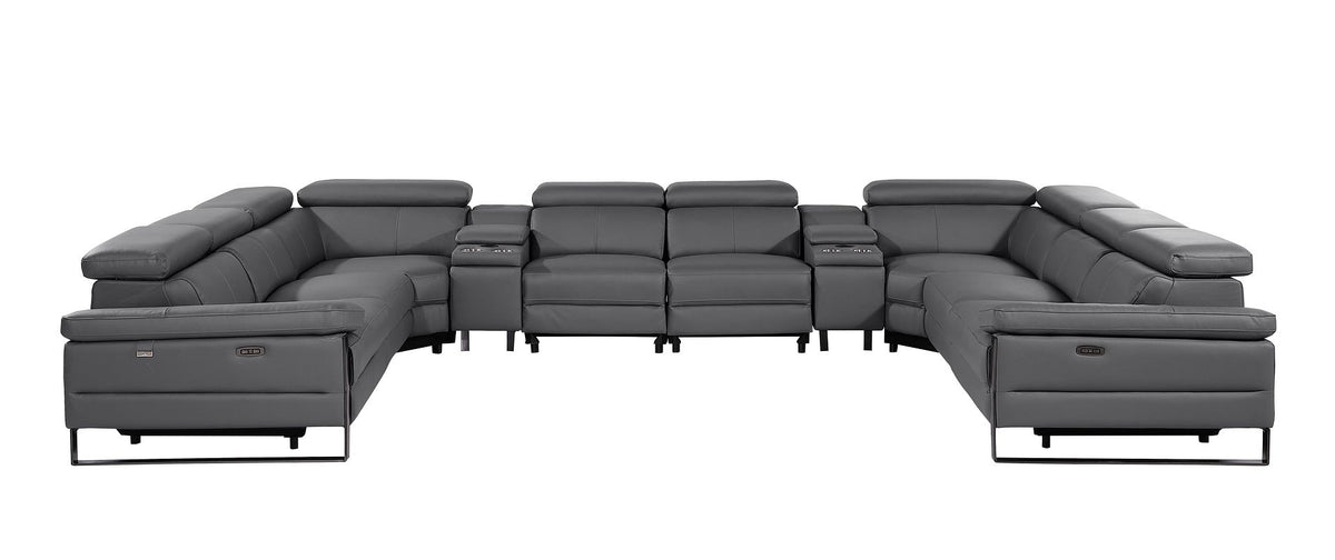 DivanItalia 1246 10-Piece U-Shaped Modular Power Reclining Sectional with 4 Power Recliners and Power Headrests – Top Grain Italian Leather - Dark Gray