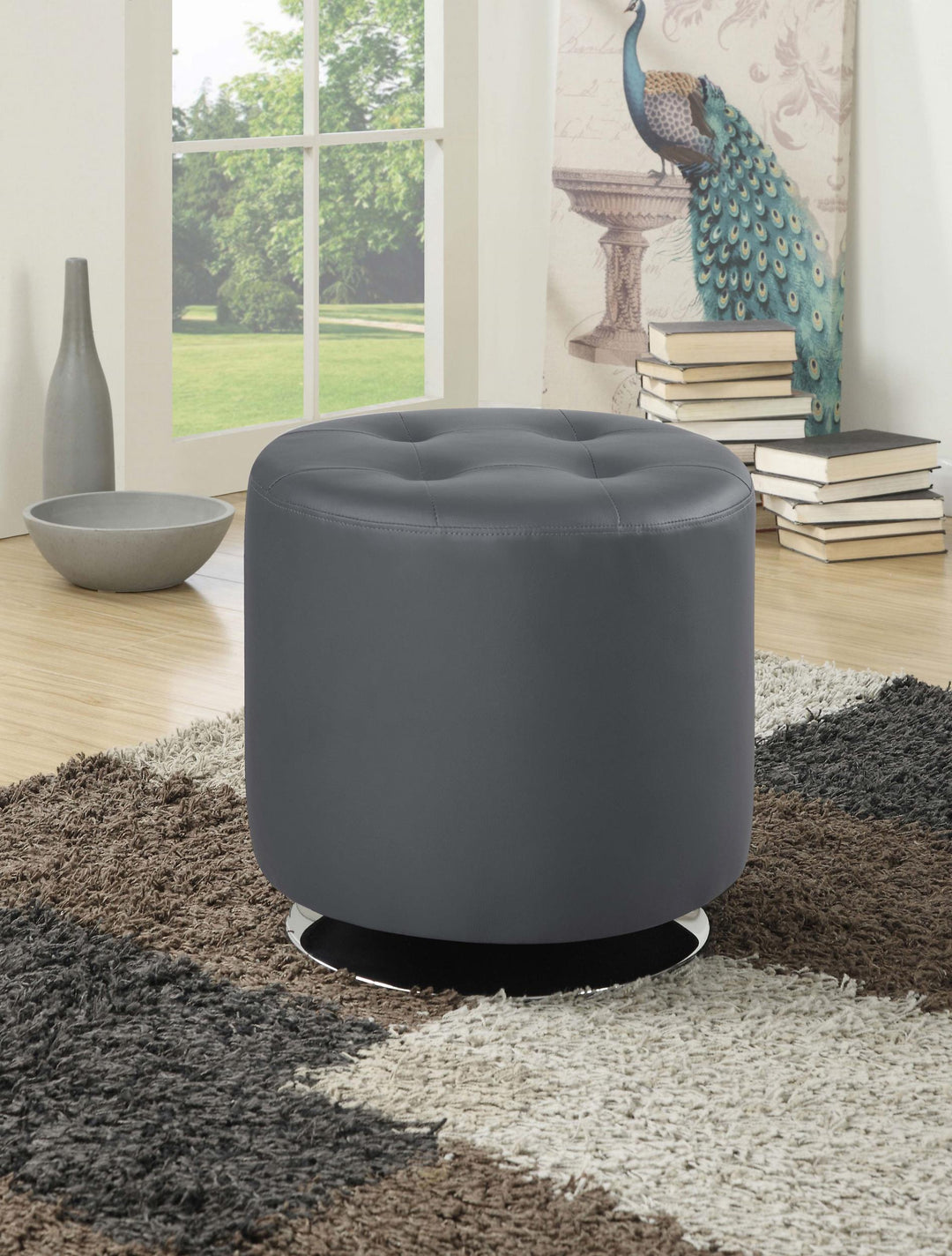 Coaster Furniture 500555 Bowman Round Upholstered Tufted Swivel Ottoman Grey