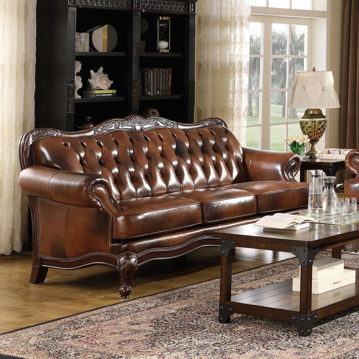 Coaster Furniture 500681 Victoria Full Leather Upholstered Rolled Arm Sofa Brown