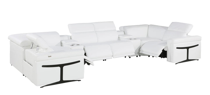 DivanItalia 1126 8-Piece U-Shaped Sectional Sofa in Top Grain Italian Leather with 4 Power Recliners &amp; Power Headrests – with Console - White