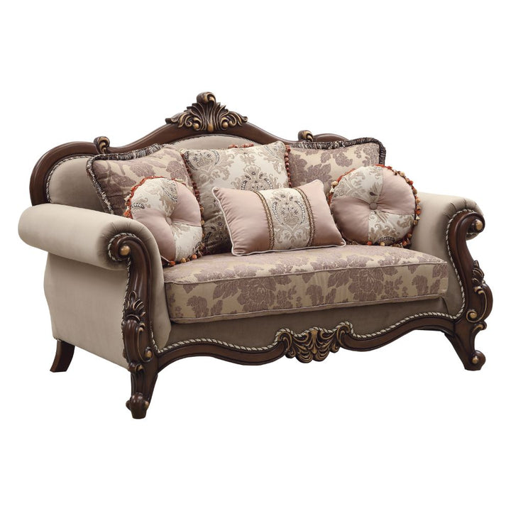 Mehadi Loveseat with 6 Pillows - Velvet &amp; Walnut