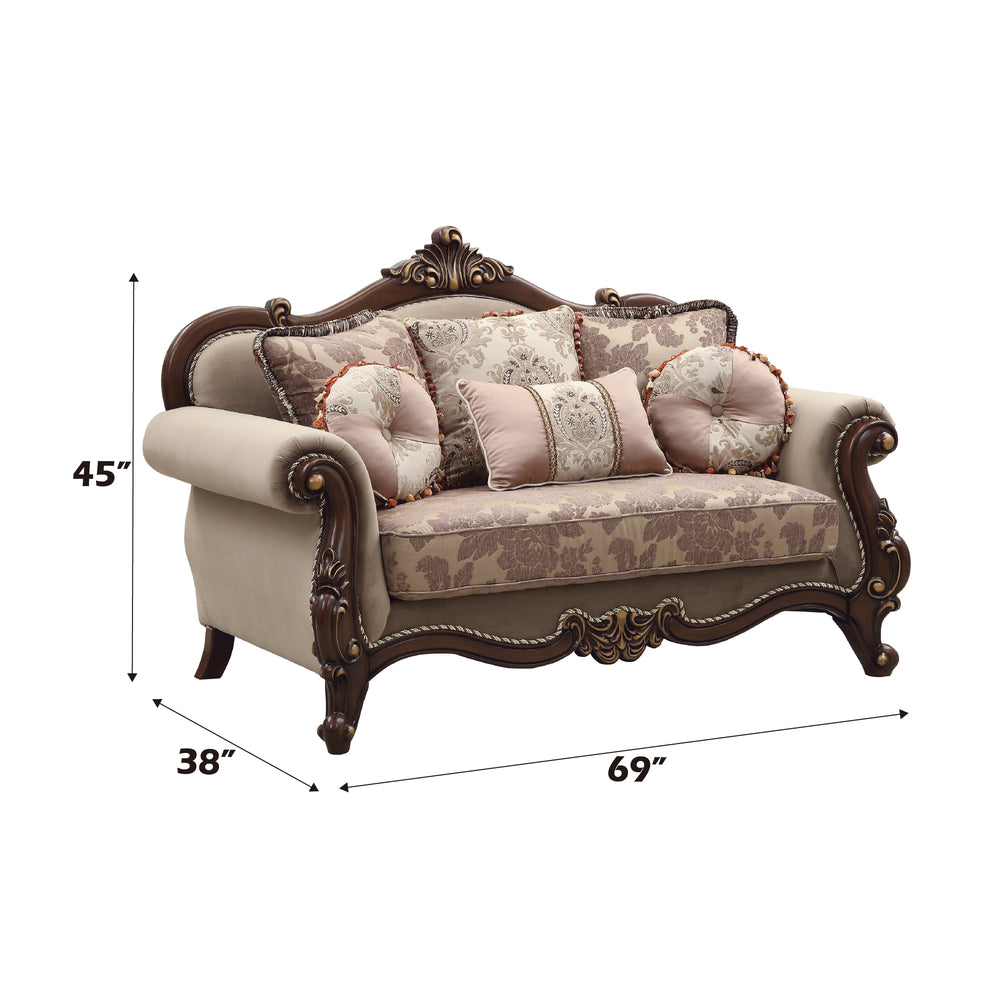 Mehadi Loveseat with 6 Pillows - Velvet & Walnut