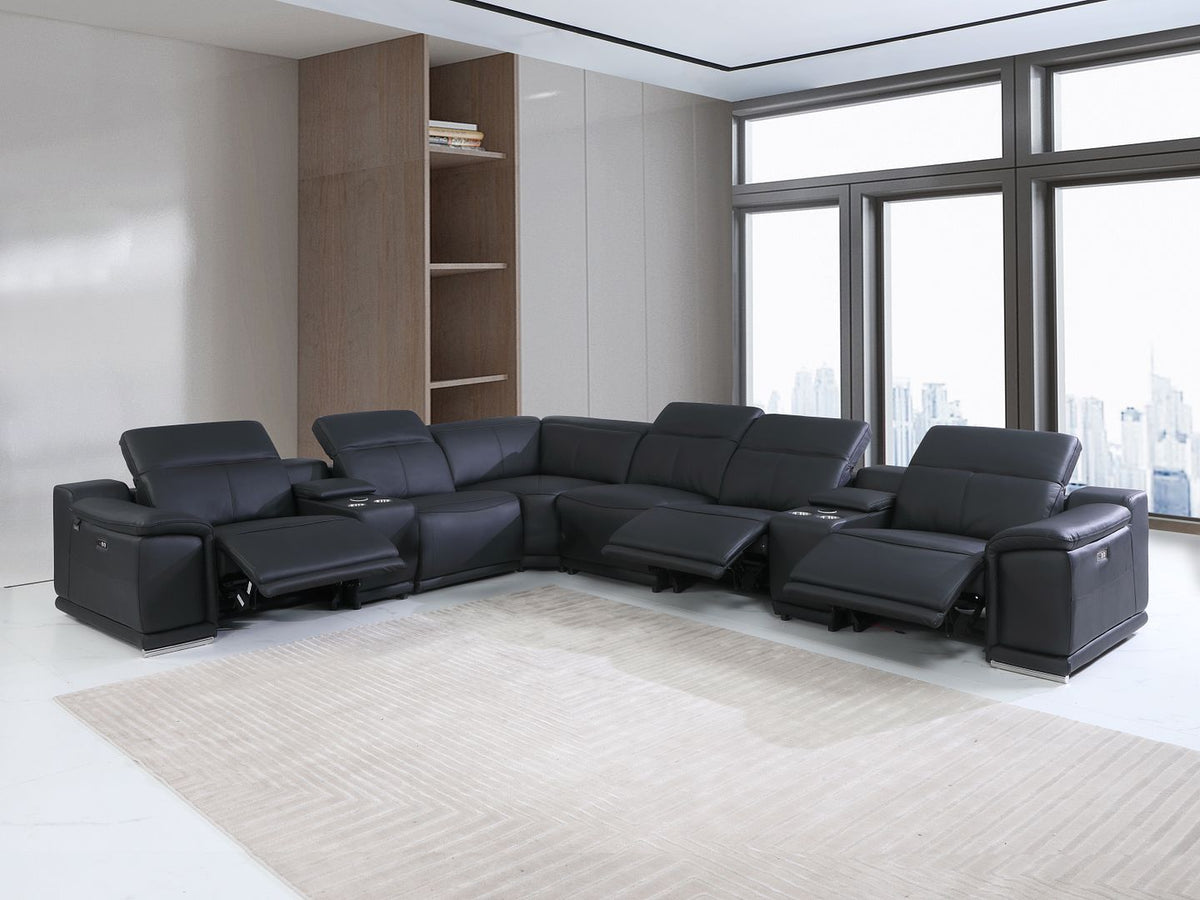 DivanItalia 9762 8-Piece L Shaped Top Grain Italian Leather Sectional Sofa with 3 Power Recliners - Black