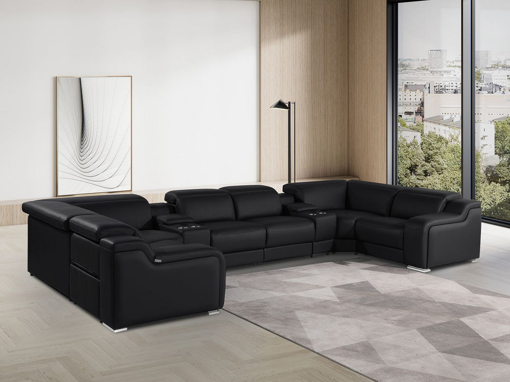 DivanItalia 1116 8-Piece U-Shaped Sectional Sofa in Top Grain Italian Leather with 2 Power Recliners & Power Headrests – with Console - Black
