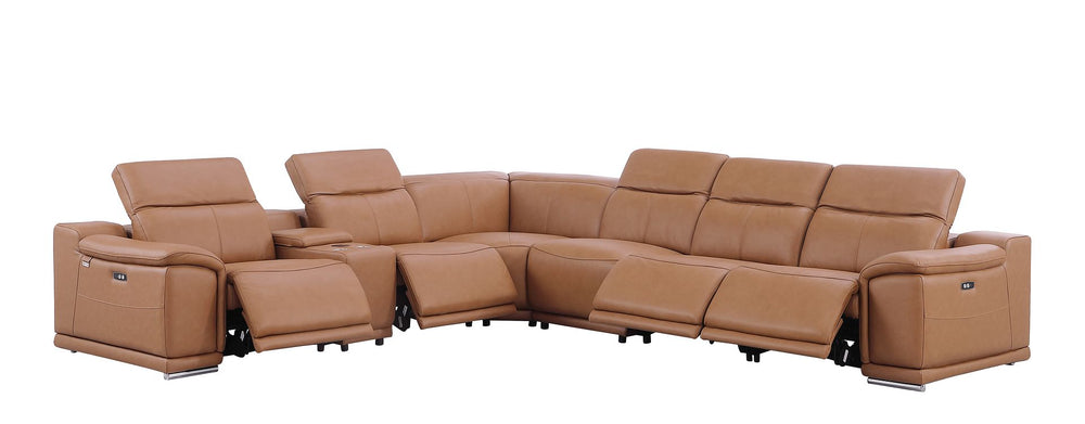 DivanItalia 9762 7-Piece L Shaped Top Grain Italian Leather Sectional Sofa with 4 Power Recliners - Cognac
