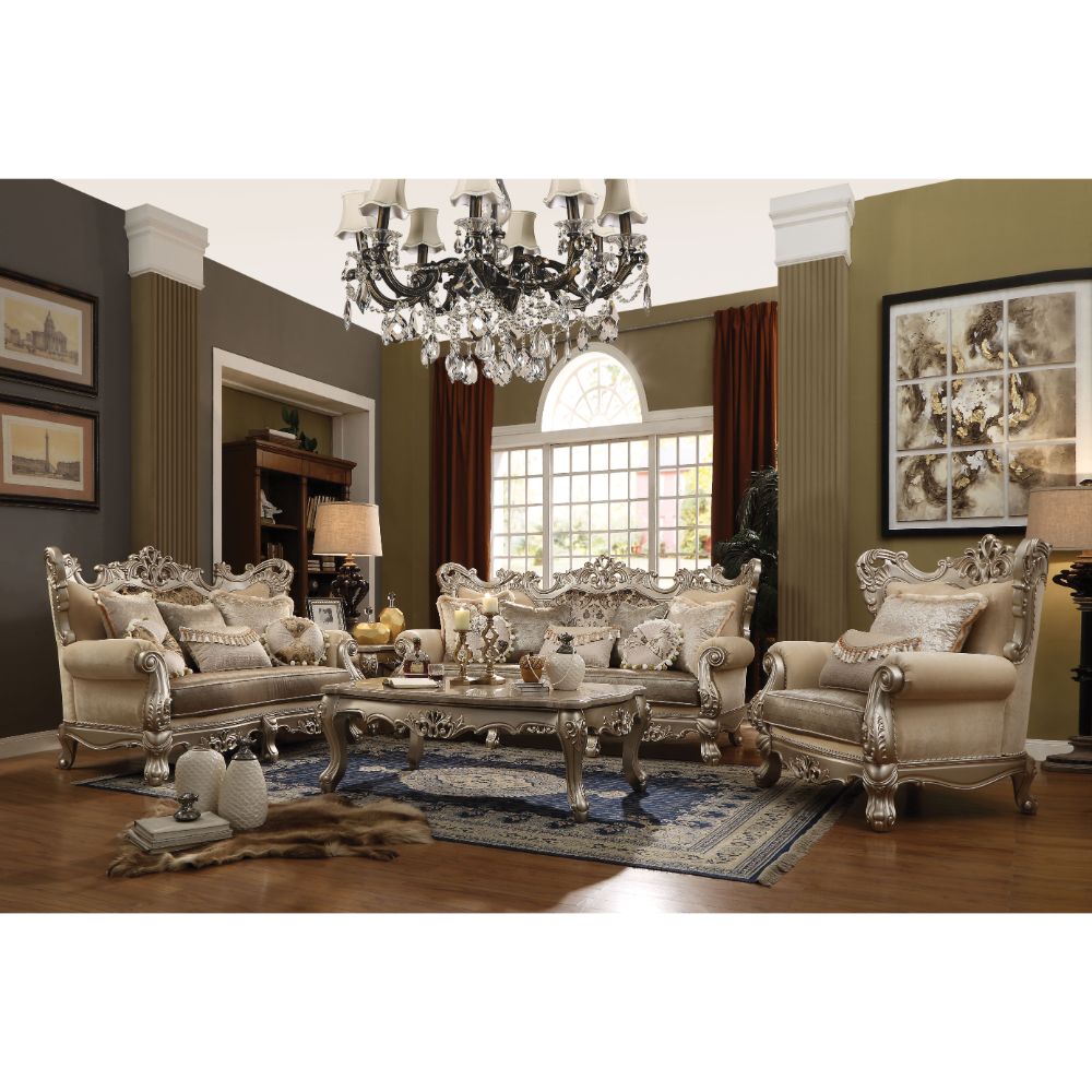 Ranita Sofa with 7 Pillows in Fabric & Champagne