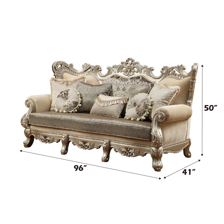 Ranita Sofa with 7 Pillows in Fabric &amp; Champagne - dimensions