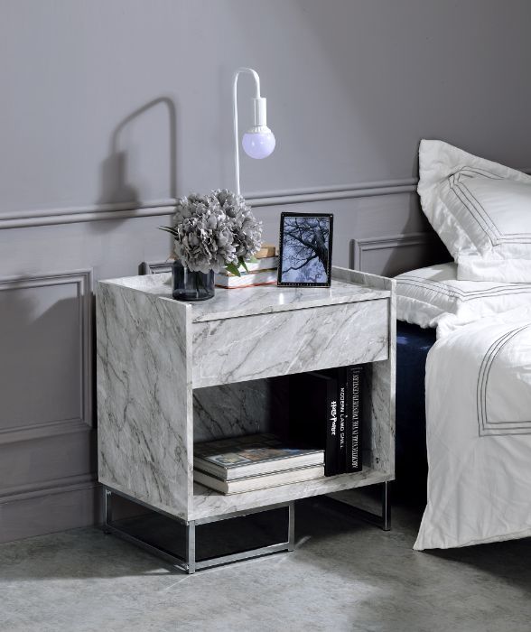 Azrael - Accent Table - White Printed Faux Marble & Chrome