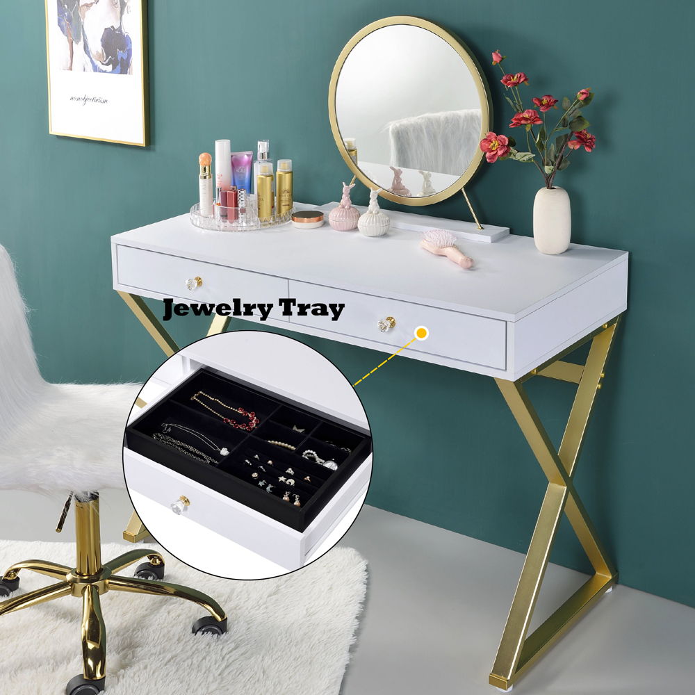 Coleen - Vanity Desk With Mirror & Jewelry Tray - White & Gold