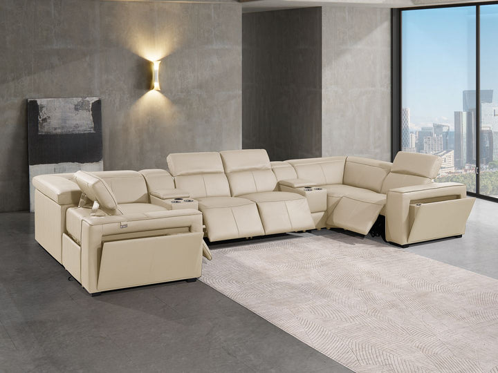 DivanItalia 1224 8-Piece U-Shaped Sectional Sofa in Top Grain Italian Leather with 4 Power Recliners &amp; Power Headrests – with Console - Beige