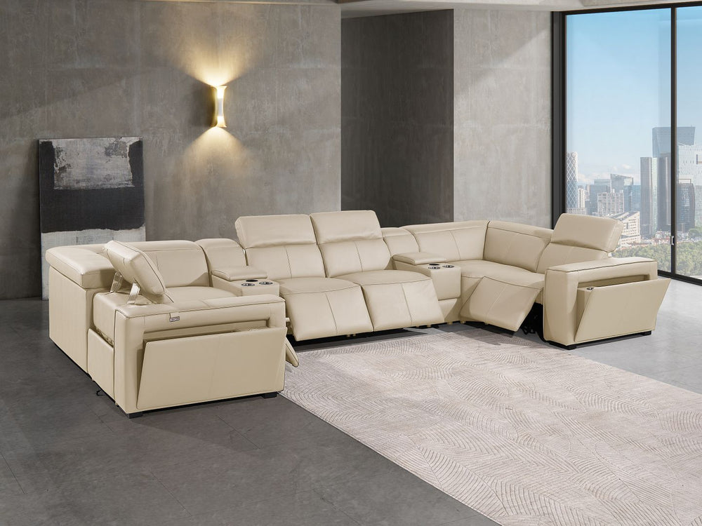 DivanItalia 1224 8-Piece U-Shaped Sectional Sofa in Top Grain Italian Leather with 4 Power Recliners & Power Headrests – with Console - Beige