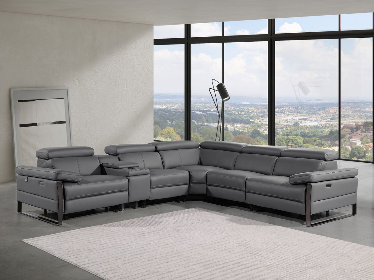 DivanItalia 1246 6-Piece L-Shaped Modular Power Reclining Sectional with 3 Power Recliners and Power Headrests – Top Grain Italian Leather - Dark Gray