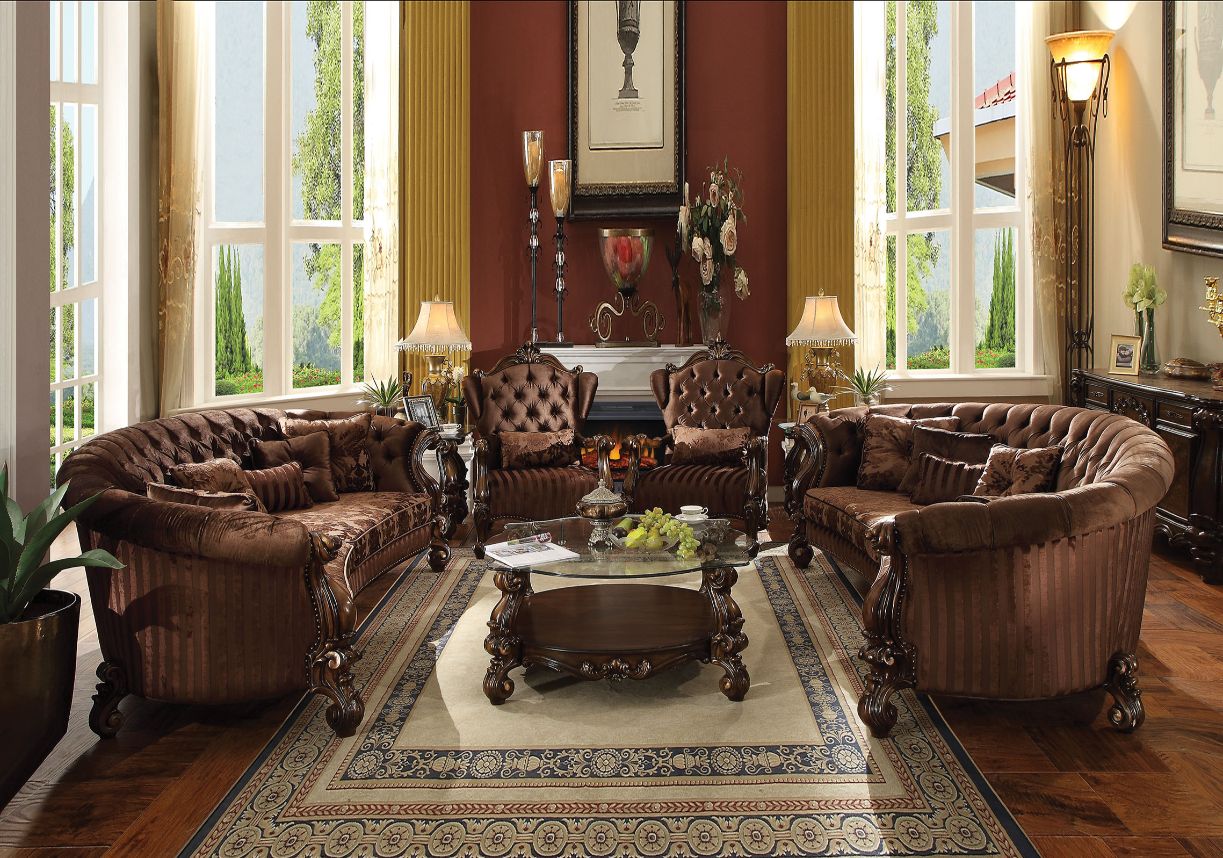 Versailles Sofa with 5 Pillows in Brown Velvet & Cherry Oak