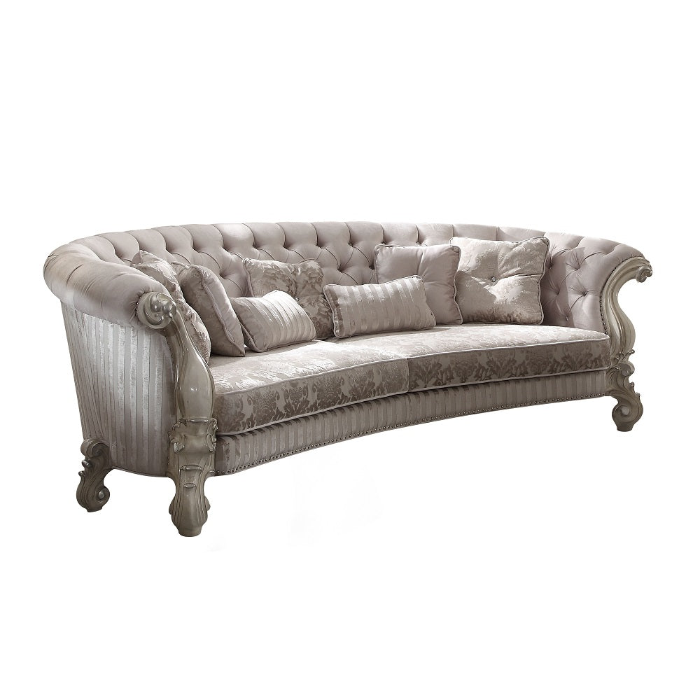Versailles Sofa with 5 Pillows in Ivory Fabric & Bone White