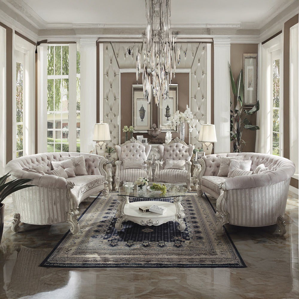 Versailles Sofa with 5 Pillows in Ivory Fabric & Bone White - lifestyle