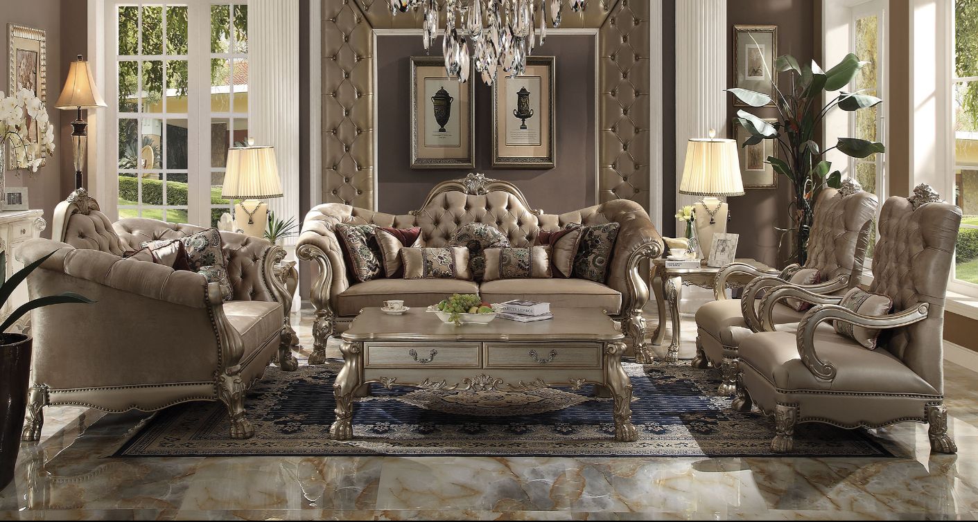 Dresden Sofa with 7 Pillows in Bone Velvet & Gold Patina
