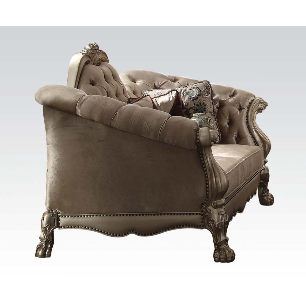 Dresden Loveseat with 5 Pillows in Bone Velvet & Gold Patina