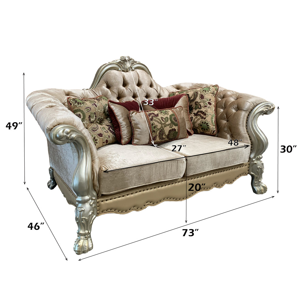 Dresden Loveseat with 5 Pillows in Bone Velvet & Gold Patina - dimensions