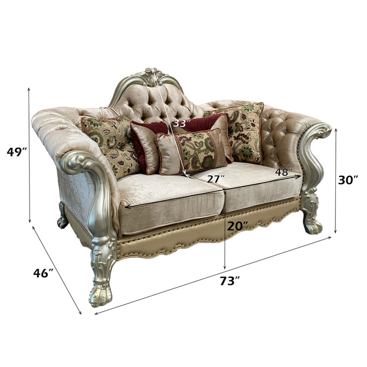 Dresden Loveseat with 5 Pillows in Bone Velvet &amp; Gold Patina - dimensions