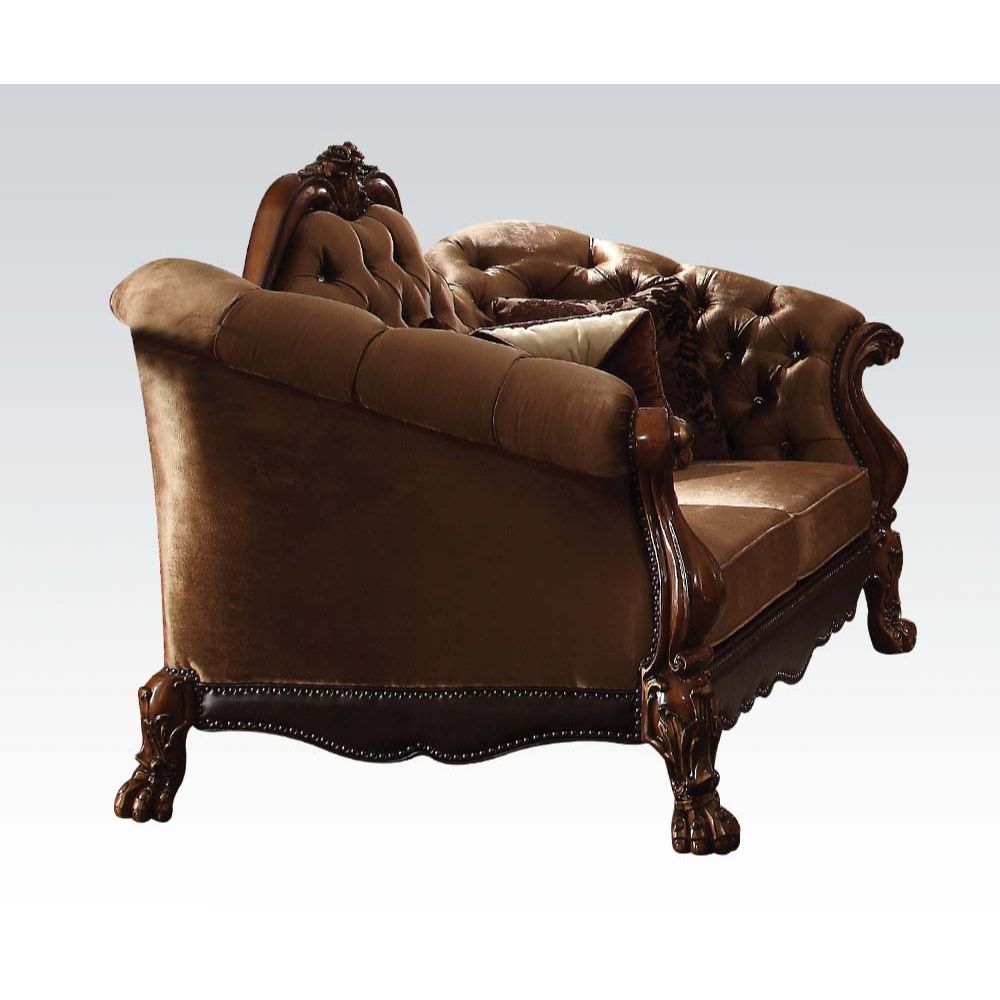 Dresden Loveseat with 5 Pillows in Golden Brown Velvet & Cherry Oak