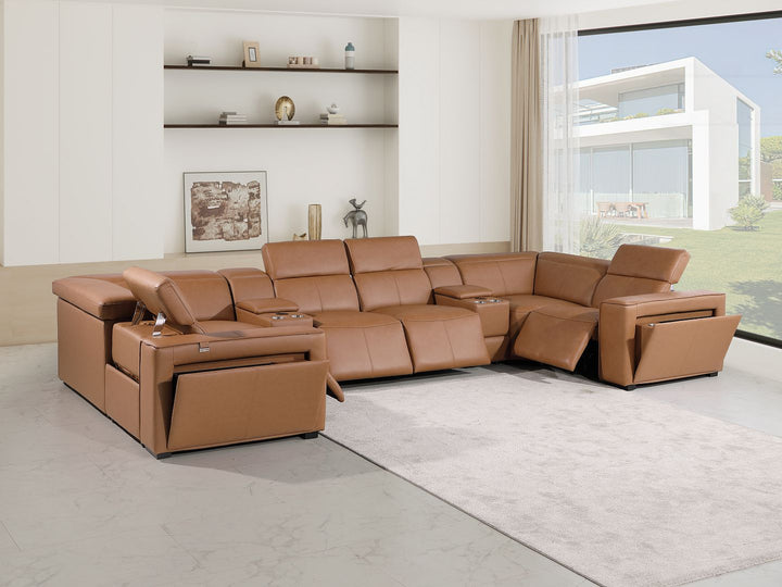 DivanItalia 1224 8-Piece U-Shaped Sectional Sofa in Top Grain Italian Leather with 4 Power Recliners &amp; Power Headrests – with Console - Cognac
