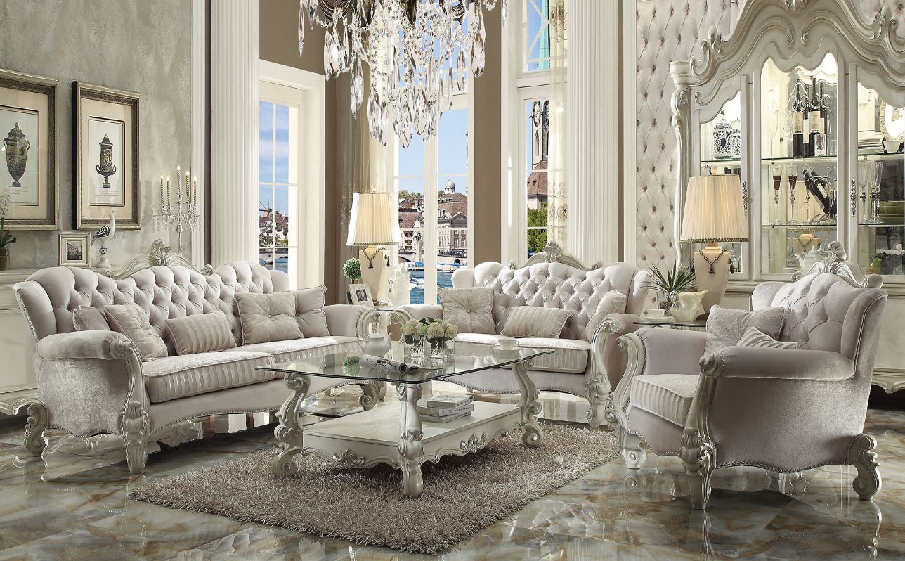 Versailles Sofa with 5 Pillows in Ivory Fabric & Bone White