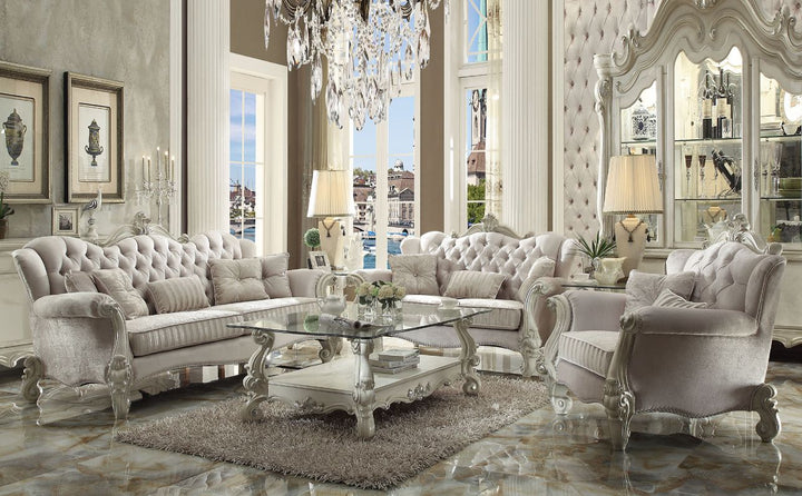 Versailles Sofa with 5 Pillows in Ivory Fabric &amp; Bone White
