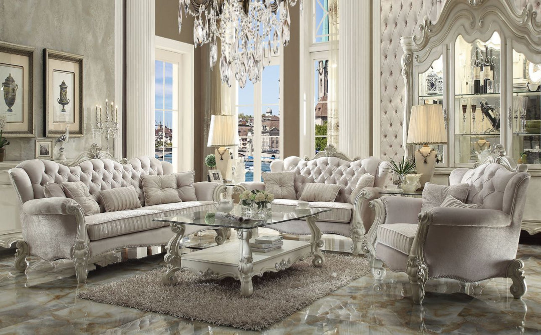 Versailles Sofa with 5 Pillows in Ivory Fabric & Bone White