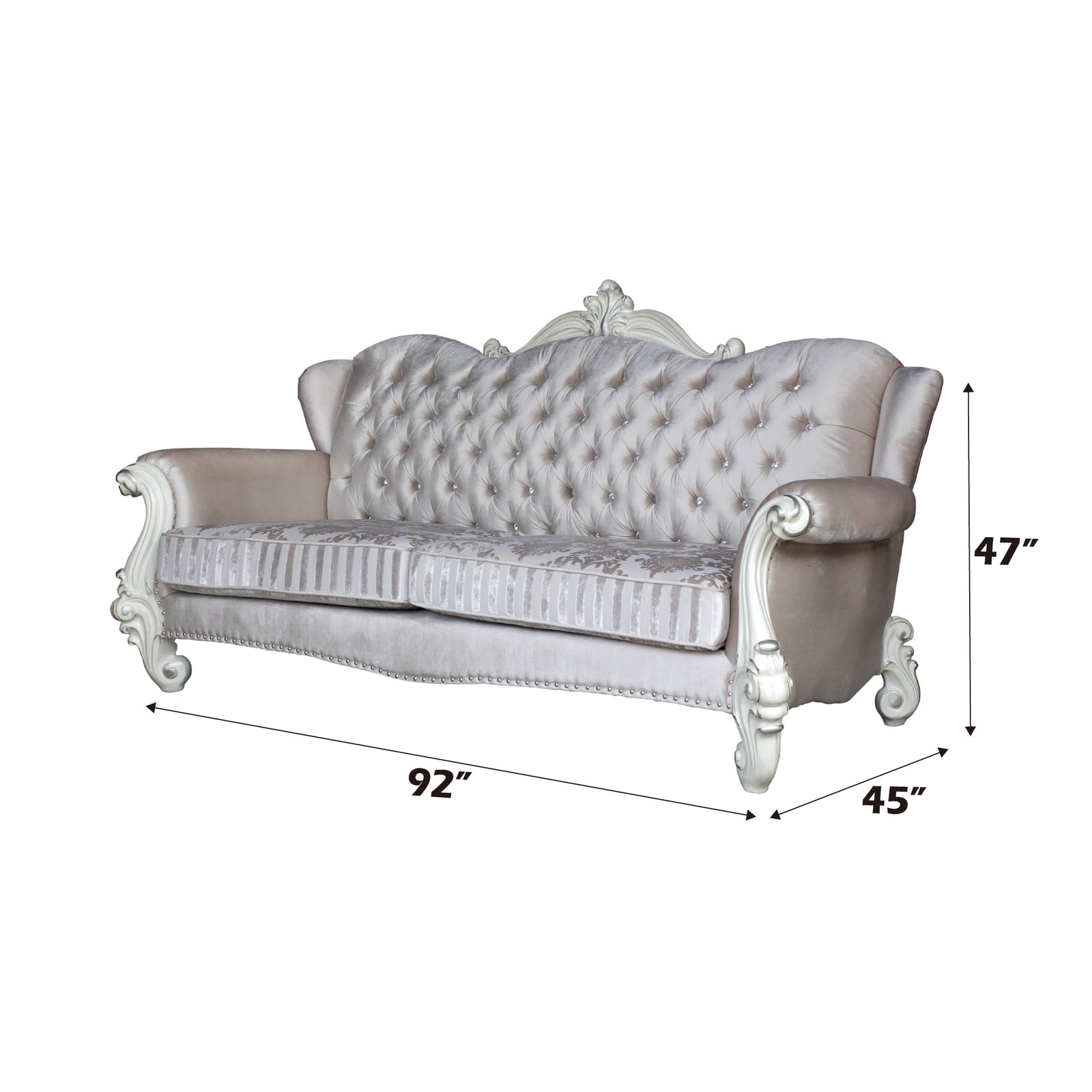 Versailles Sofa with 5 Pillows in Ivory Fabric & Bone White - dimensions