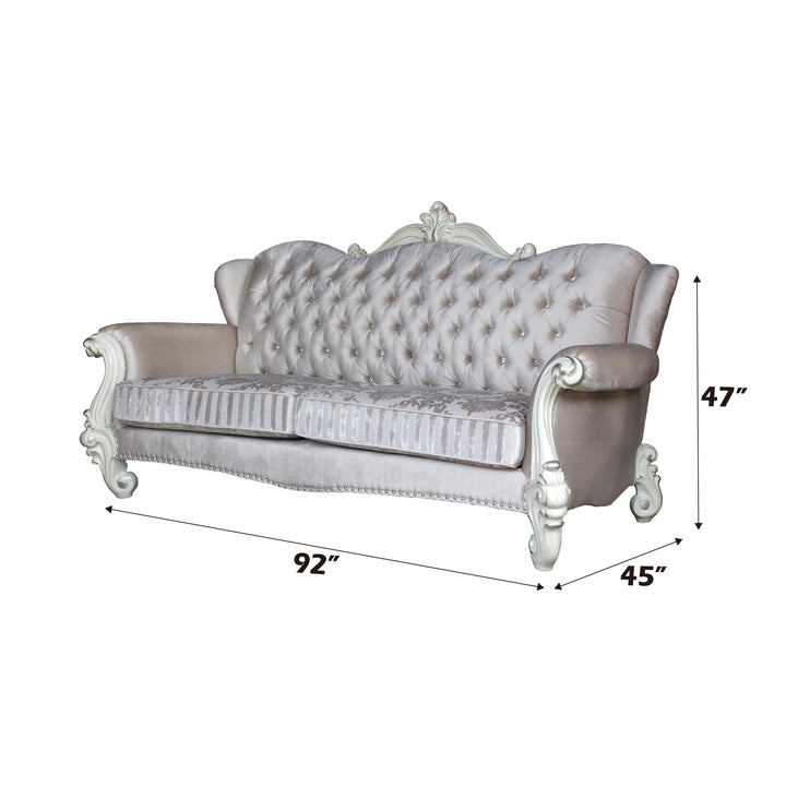 Versailles Sofa with 5 Pillows in Ivory Fabric &amp; Bone White - dimensions