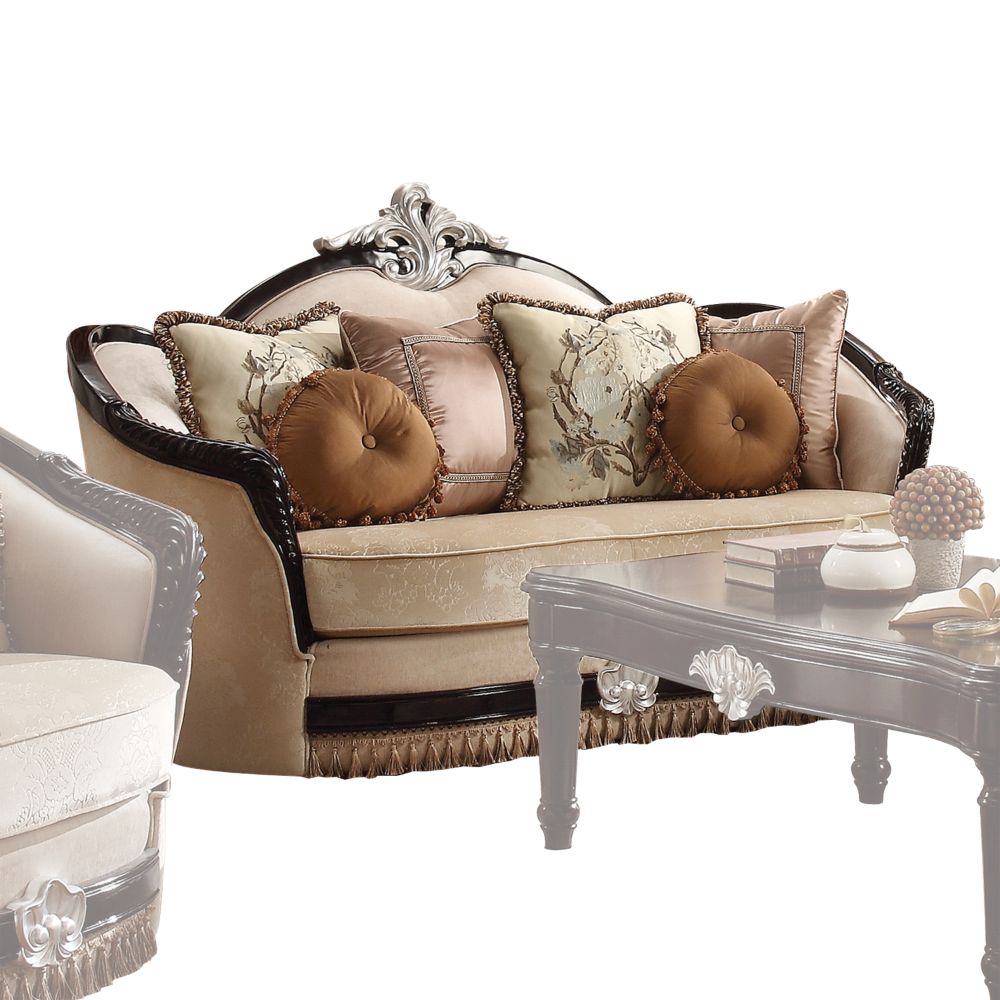 Ernestine Loveseat with 6 Pillows in Tan Fabric & Black
