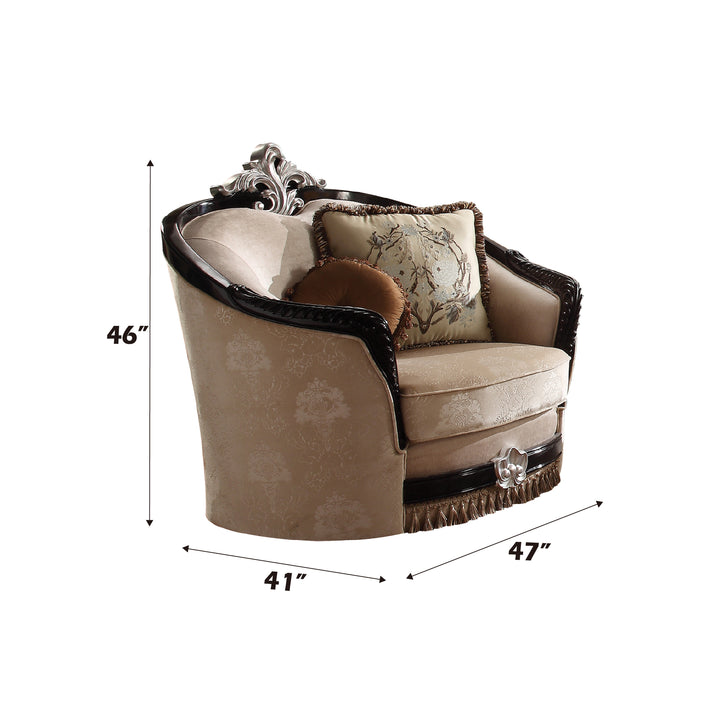 Ernestine Chair with 2 Pillows in Tan Fabric &amp; Black - dimensions