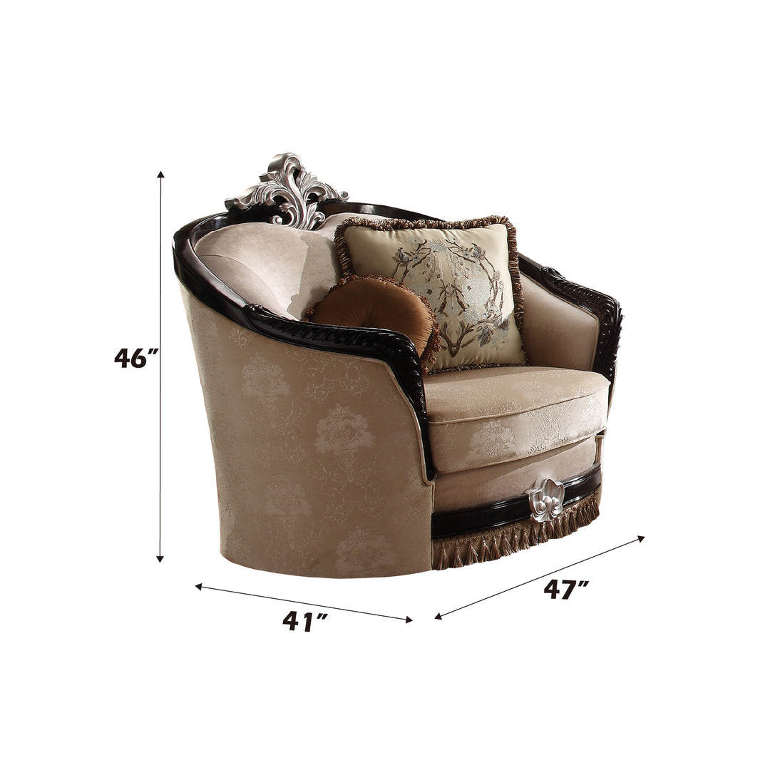 Ernestine Chair with 2 Pillows in Tan Fabric & Black - dimensions