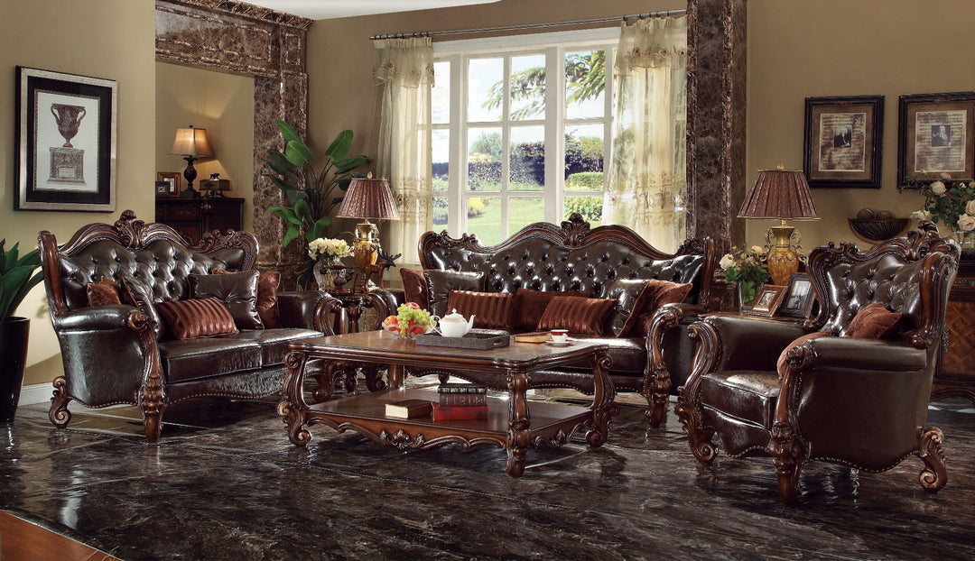 Versailles Sofa with 7 Pillows in Two Tone Dark Brown Leatherette & Cherry Oak