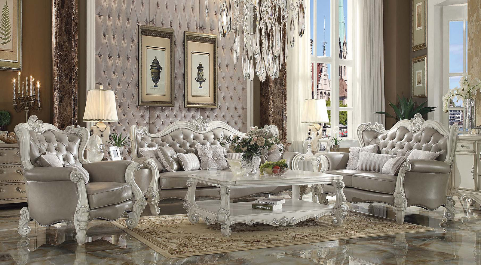 Versailles Sofa with 7 Pillows in Vintage Gray Leatherette & Bone White