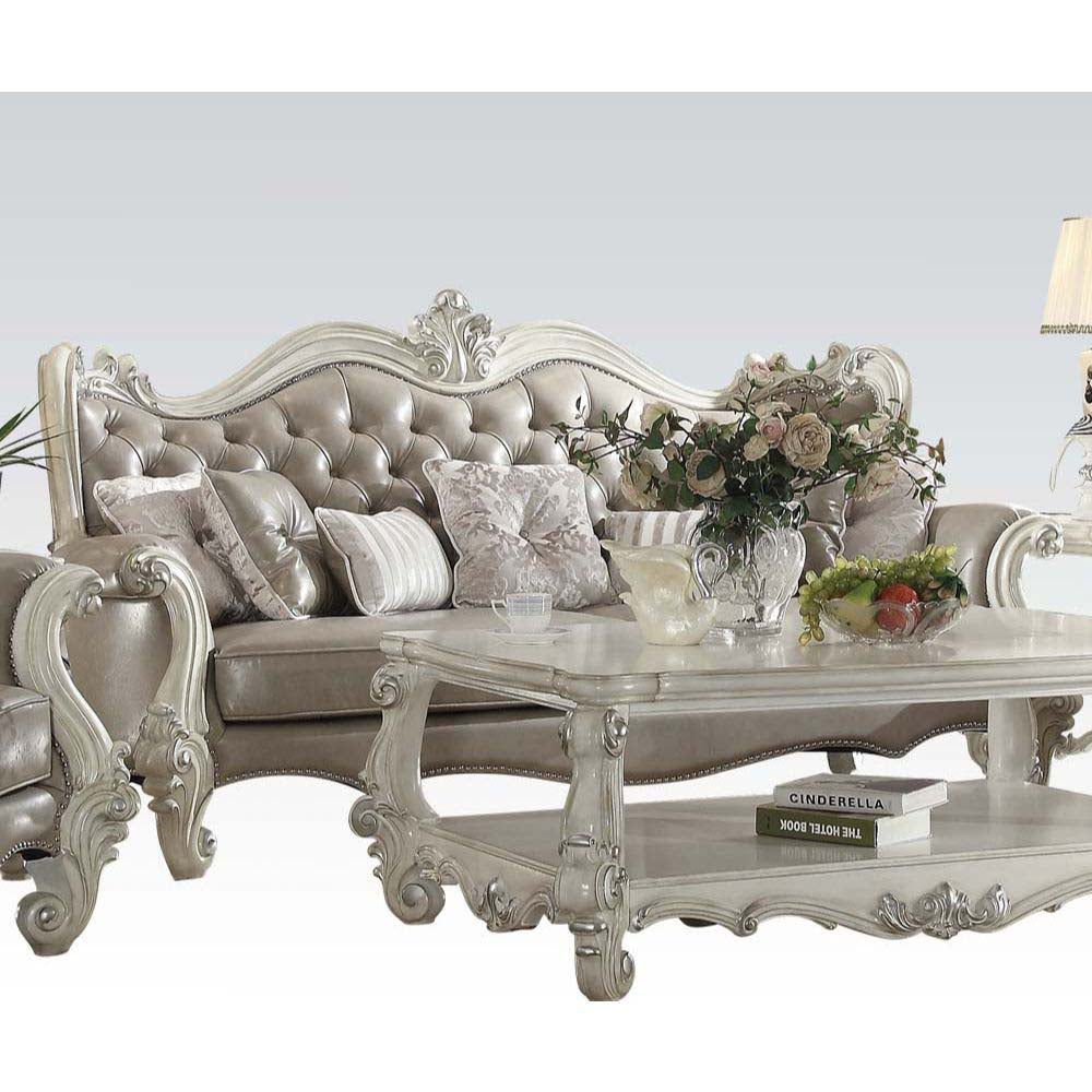 Versailles Sofa with 7 Pillows in Vintage Gray Leatherette & Bone White