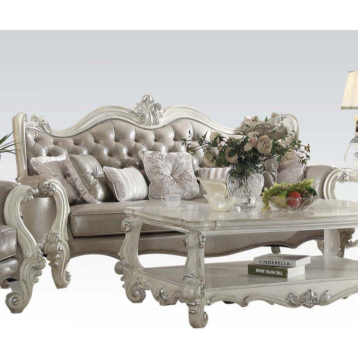 Versailles Sofa with 7 Pillows in Vintage Gray Leatherette &amp; Bone White