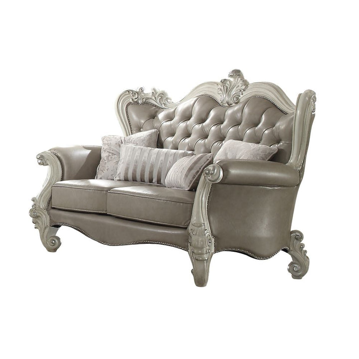 Versailles Loveseat with 4 Pillows in Vintage Gray Leatherette &amp; Bone White