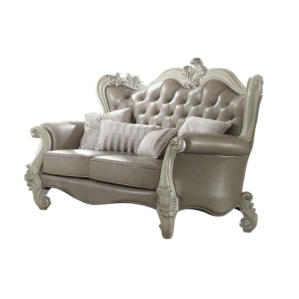 Versailles Loveseat with 4 Pillows in Vintage Gray Leatherette & Bone White