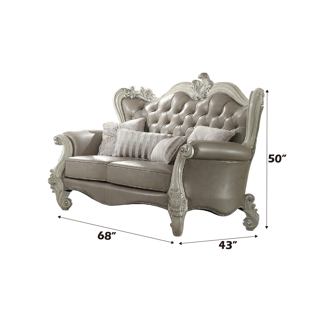 Versailles Loveseat with 4 Pillows in Vintage Gray Leatherette & Bone White - dimensions