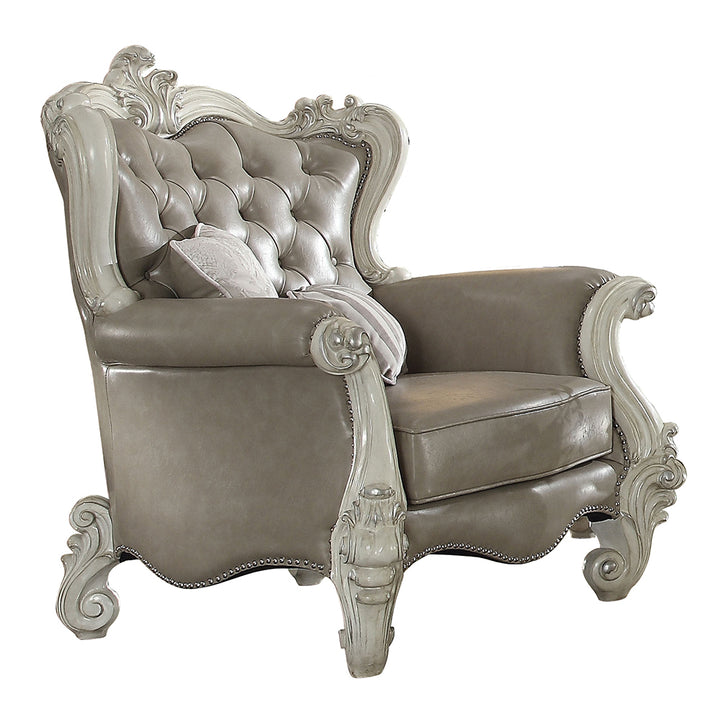 Versailles Chair with 2 Pillows in Vintage Gray Leatherette &amp; Bone White